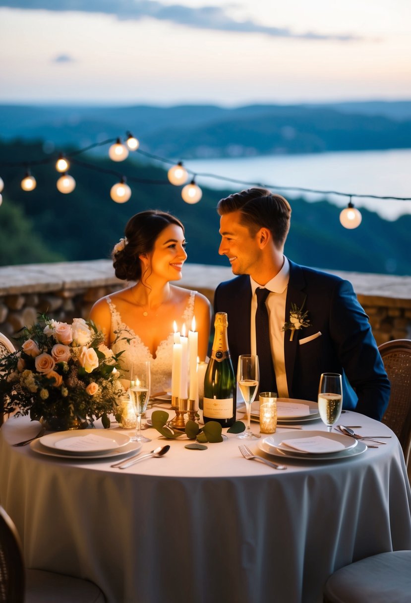 A couple sitting at a candlelit table with a bouquet of flowers and a bottle of champagne, surrounded by romantic decor and a scenic view