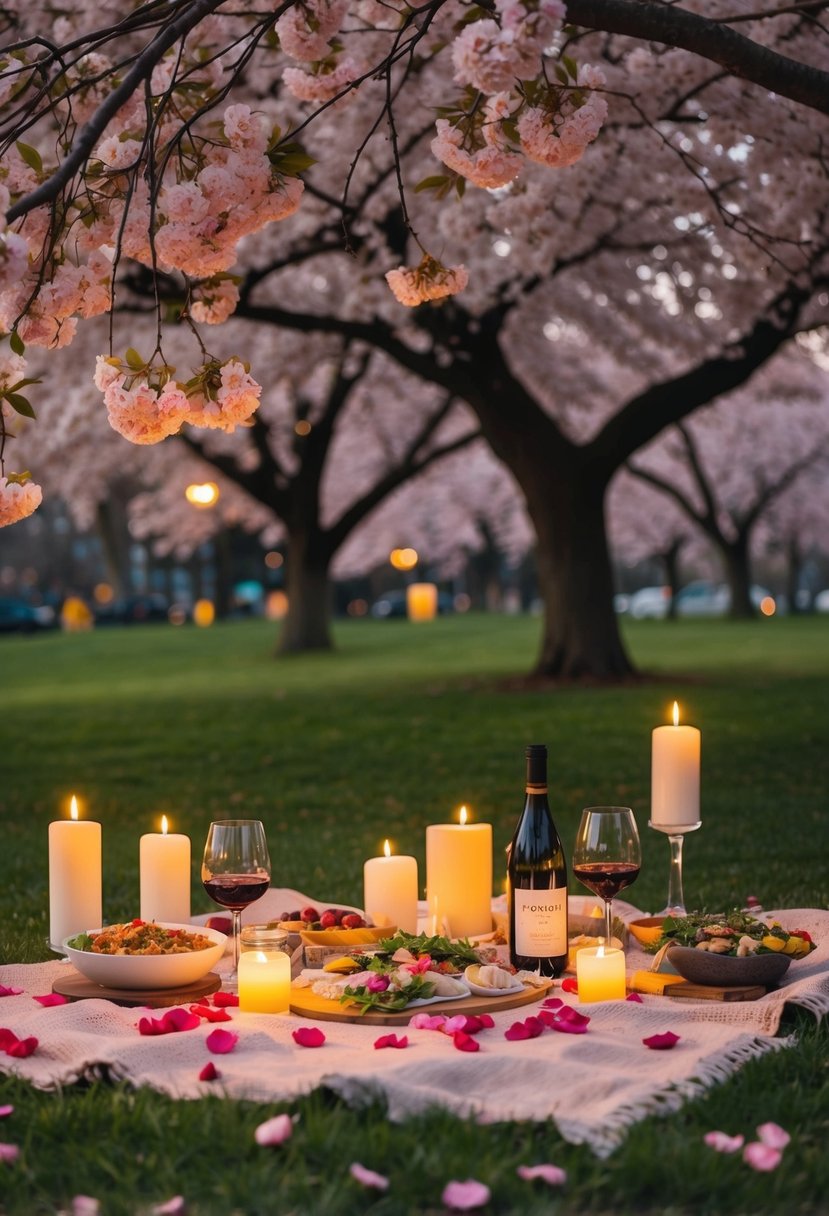 A cozy picnic blanket with scattered rose petals, surrounded by flickering candles and a spread of gourmet food and wine, under the shade of a blooming cherry blossom tree in the park