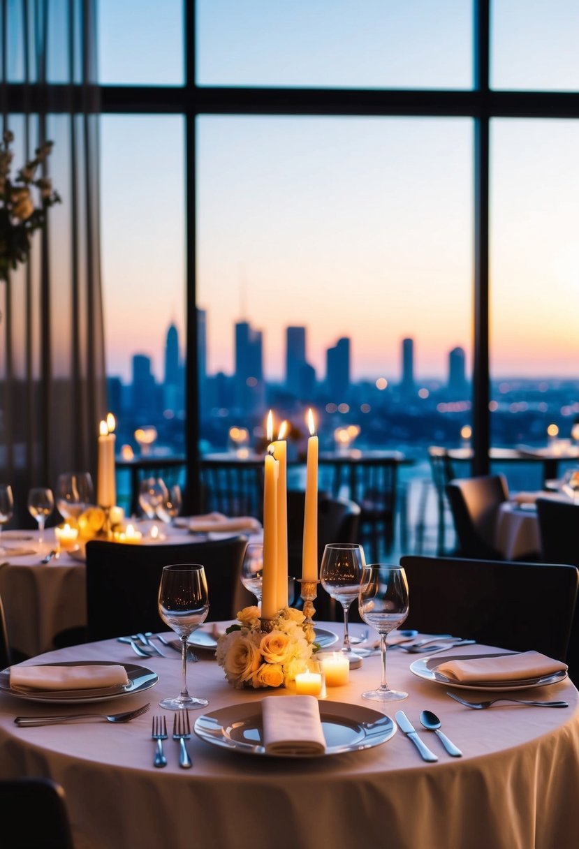 A candlelit table set with elegant dinnerware, surrounded by soft lighting and romantic decor, with a view of the city skyline through the restaurant's windows