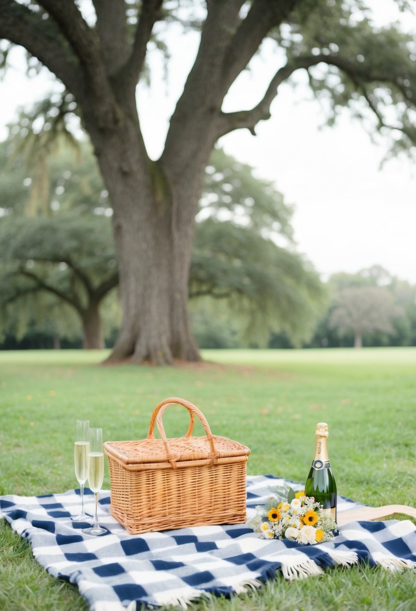 A checkered blanket spread under a large oak tree, with a wicker basket, a bouquet of wildflowers, and a bottle of champagne on ice