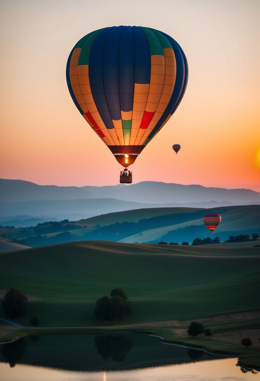 A colorful hot air balloon floats over rolling hills and serene lakes at sunset