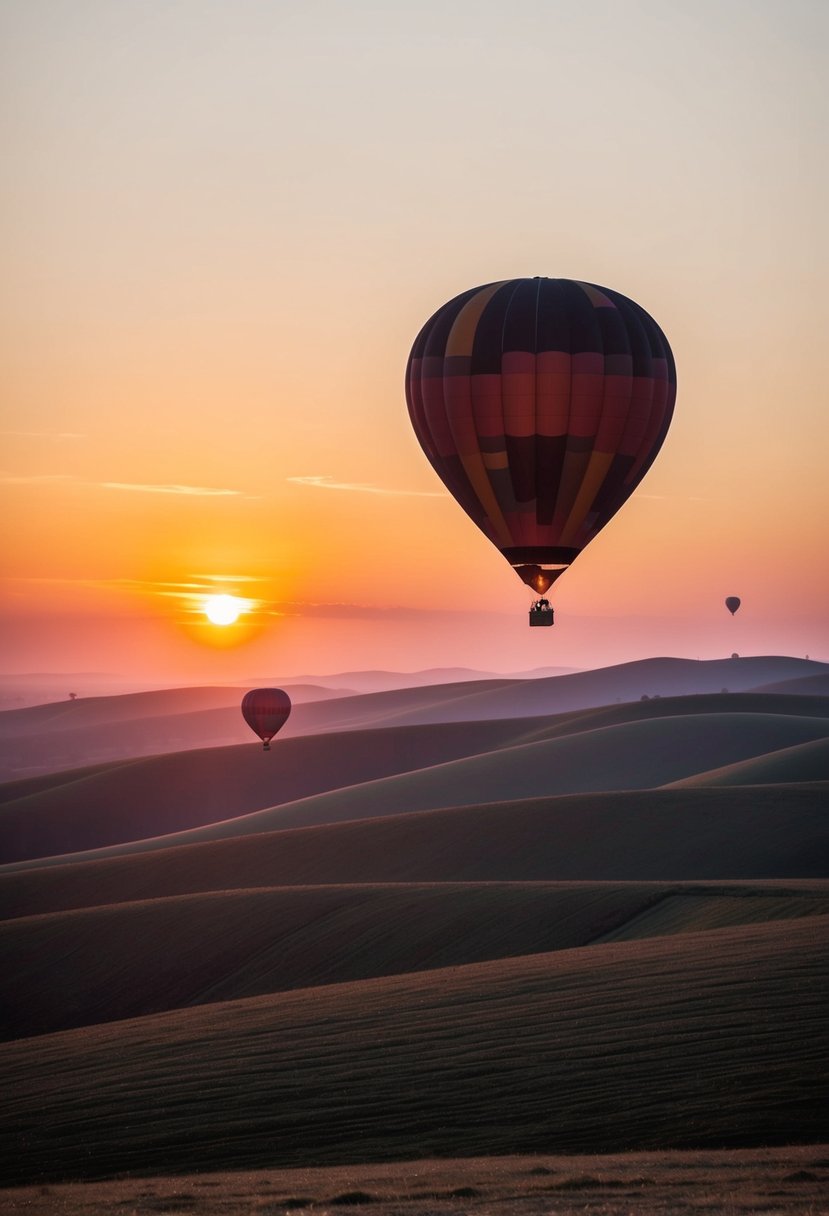 A hot air balloon floats over rolling hills at sunrise