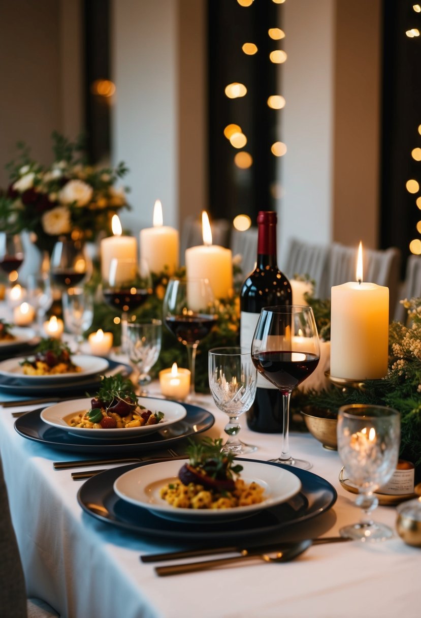 A beautifully set dining table with gourmet dishes, candles, and wine