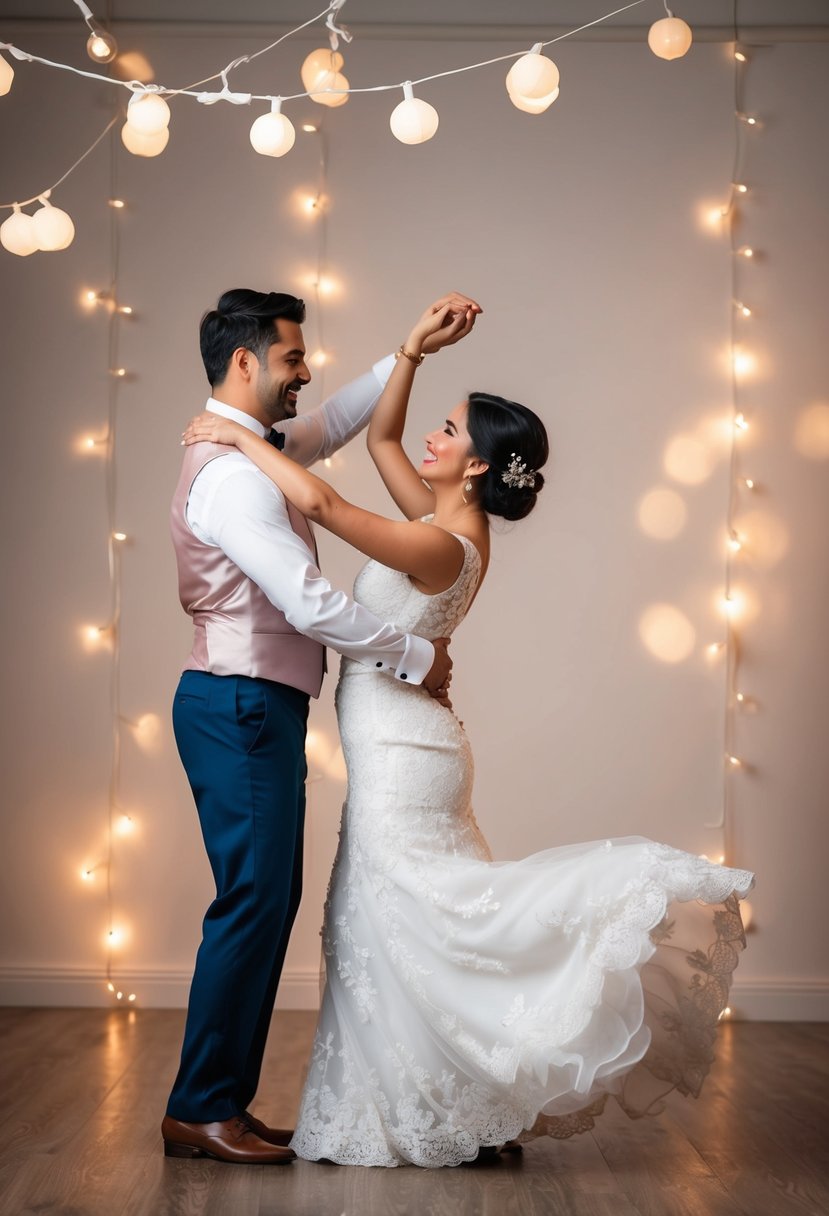 A couple gracefully dancing in a studio filled with soft lighting and romantic ambiance for their 21st wedding anniversary celebration