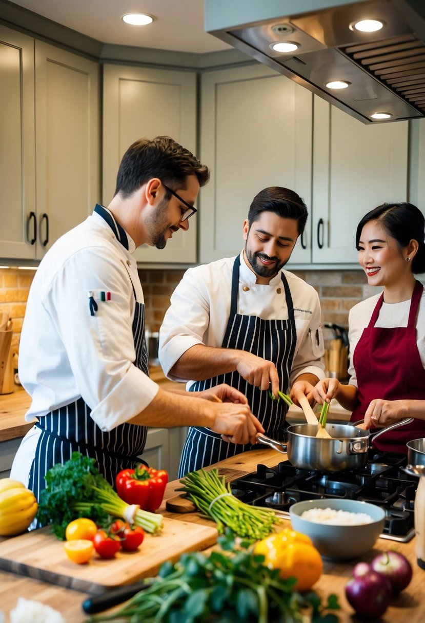 A cozy kitchen with two sets of cooking utensils, a variety of fresh ingredients, and a chef instructor demonstrating a recipe to a couple