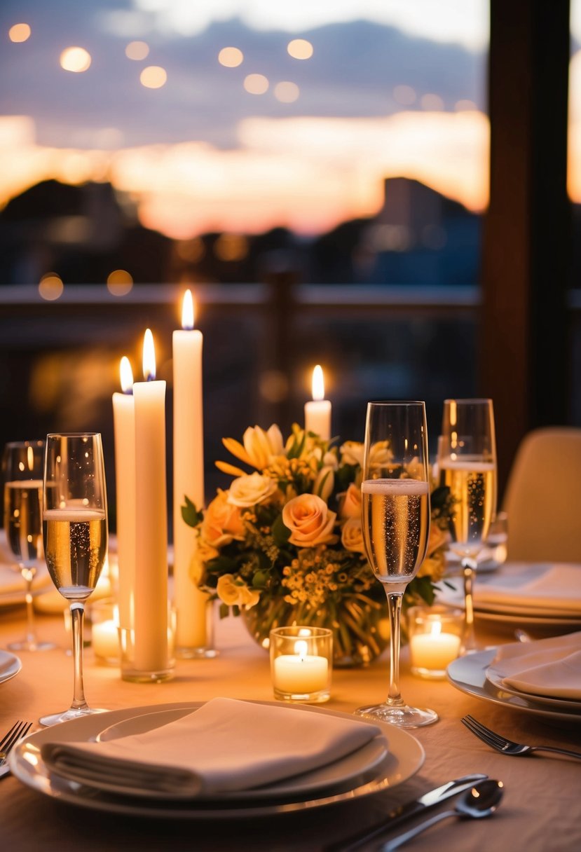 A romantic dinner setting with candlelit table, champagne glasses, and a bouquet of flowers