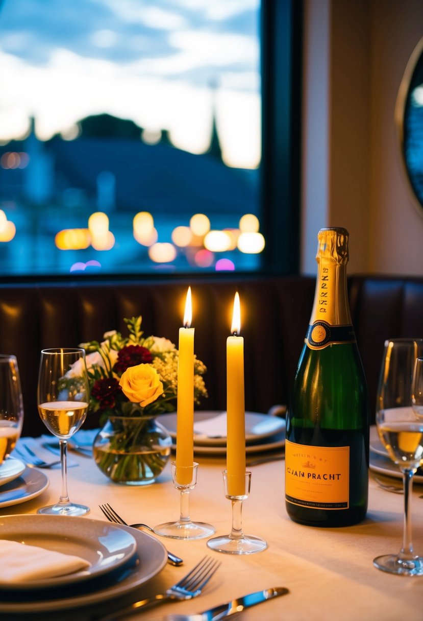 A candlelit dinner at a cozy restaurant, with a bouquet of flowers and a bottle of champagne on the table