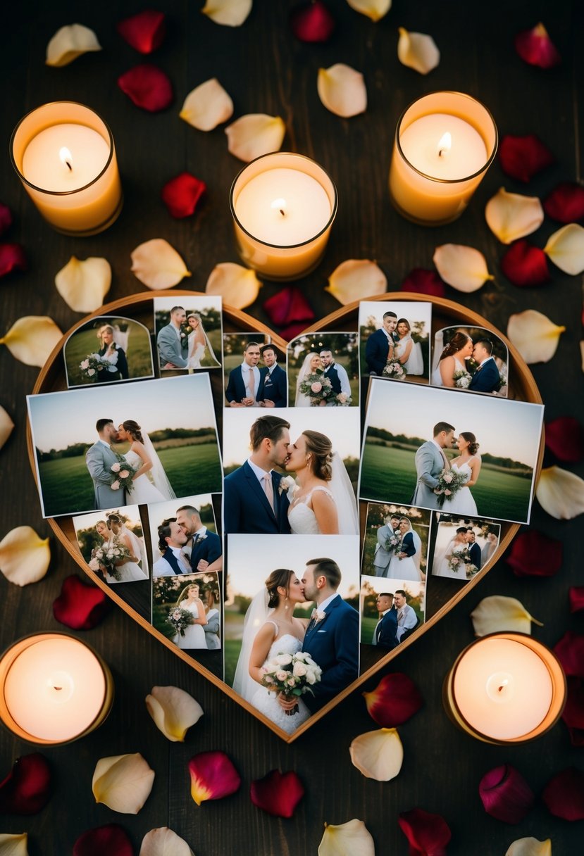 A couple's wedding photos arranged in a heart shape, surrounded by rose petals and candles