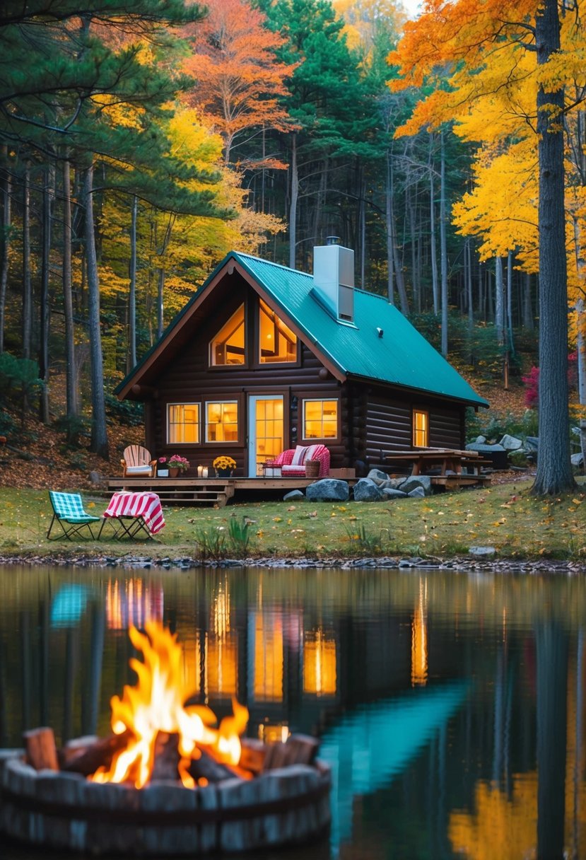 A cozy cabin nestled in a serene forest, surrounded by colorful autumn foliage and a tranquil lake, with a crackling fire and a picnic set up outside