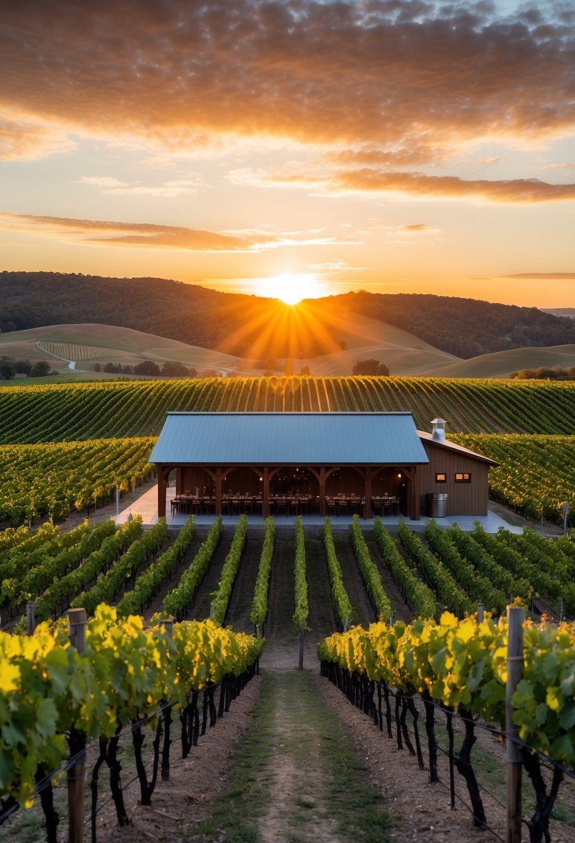 A scenic vineyard with rows of grapevines, a rustic tasting room, and a picturesque sunset over the rolling hills