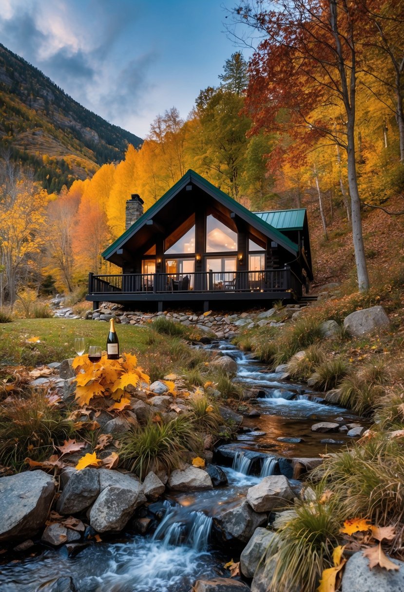 A cozy cabin nestled in the mountains, surrounded by colorful autumn foliage and a bubbling stream. A crackling fire and a bottle of champagne set the scene for a romantic weekend getaway