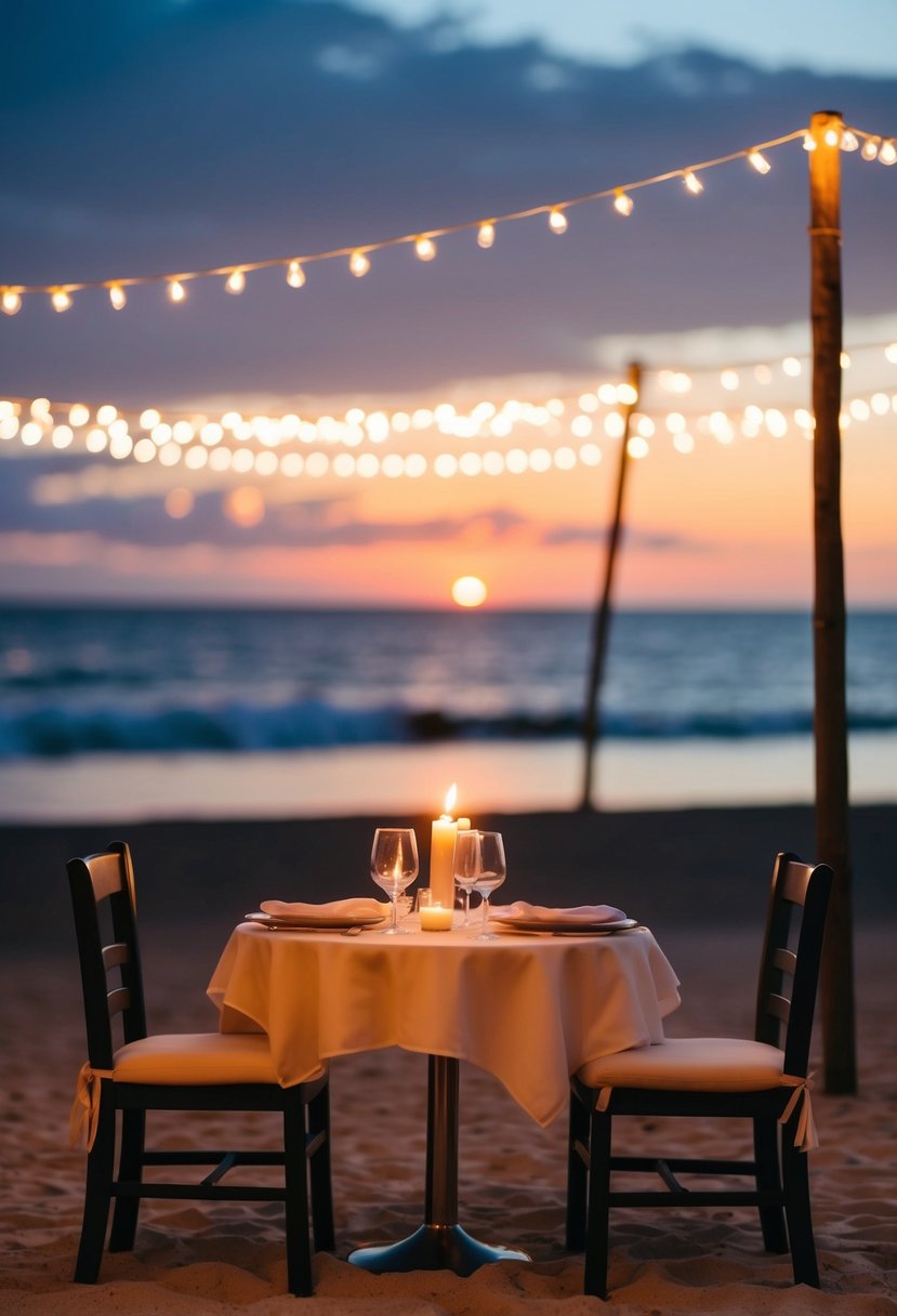 A candlelit dinner on a beach at sunset, with a table for two, surrounded by twinkling fairy lights and a romantic atmosphere