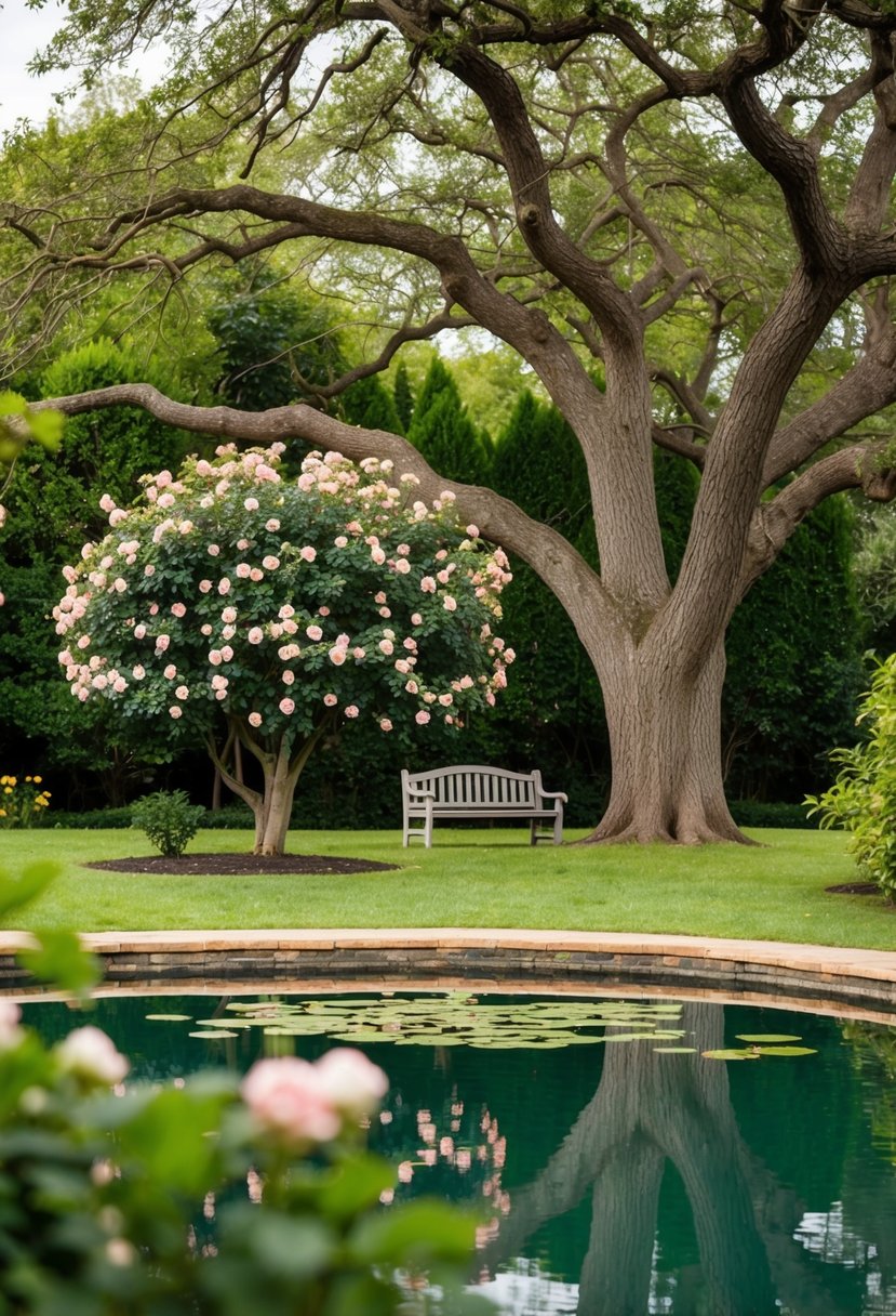 A serene garden with a blooming rose bush, two intertwined oak trees, and a cozy bench overlooking a tranquil pond