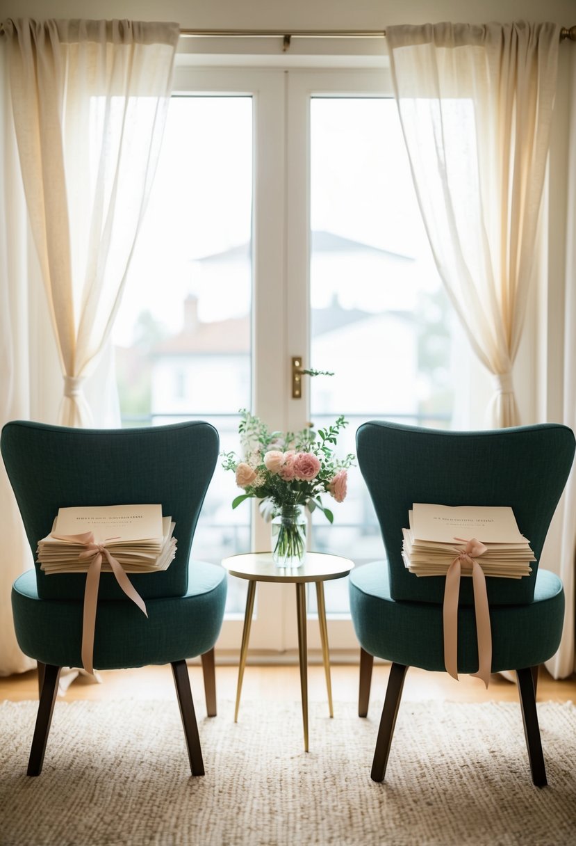 A cozy living room with two chairs facing each other, a small table with a vase of flowers, and a stack of love letters tied with a ribbon