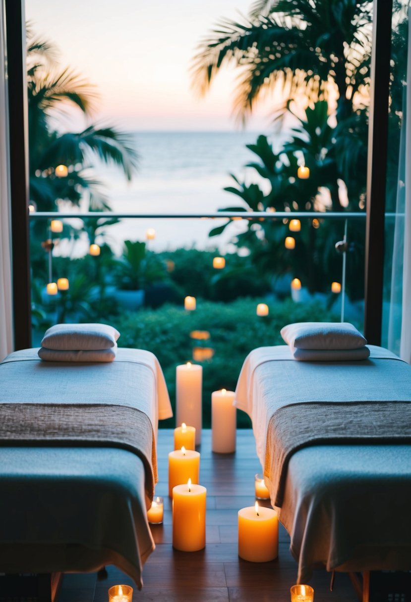 A serene spa with two massage tables surrounded by candles and soft lighting, overlooking a tranquil garden or ocean view