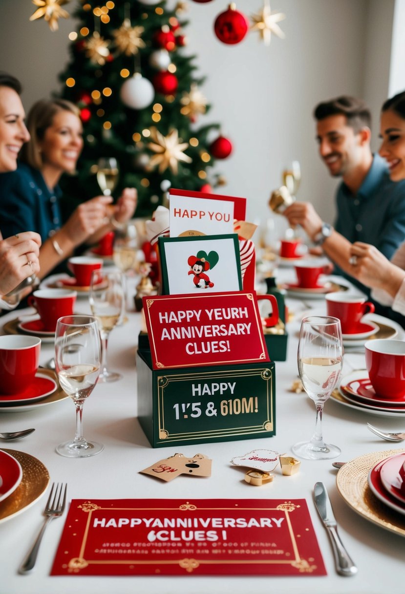 A table adorned with anniversary-themed clues and items, surrounded by festive decorations and a sense of excitement