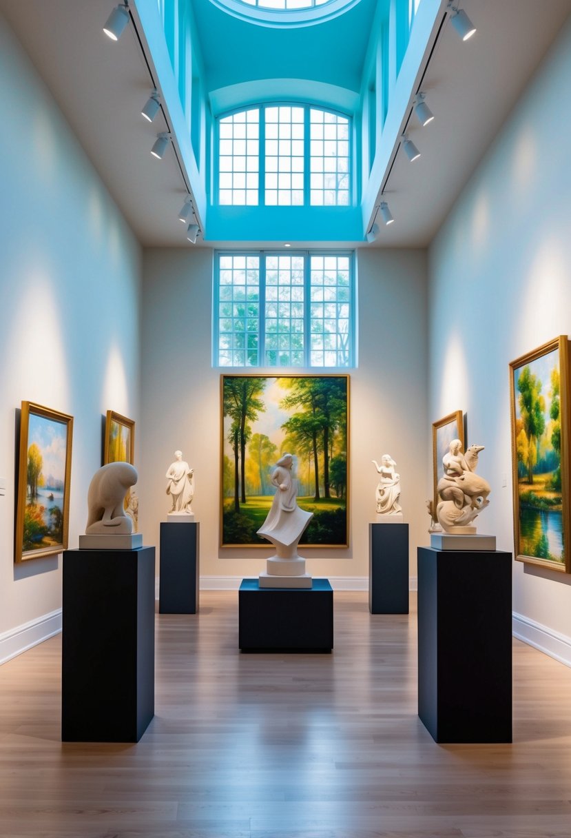 A serene art gallery with elegant sculptures and vibrant paintings, bathed in soft natural light filtering through large windows