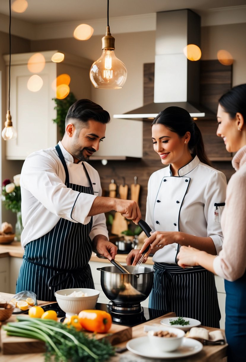 A cozy kitchen setting with a chef demonstrating cooking techniques to a couple, surrounded by romantic ambiance and ingredients