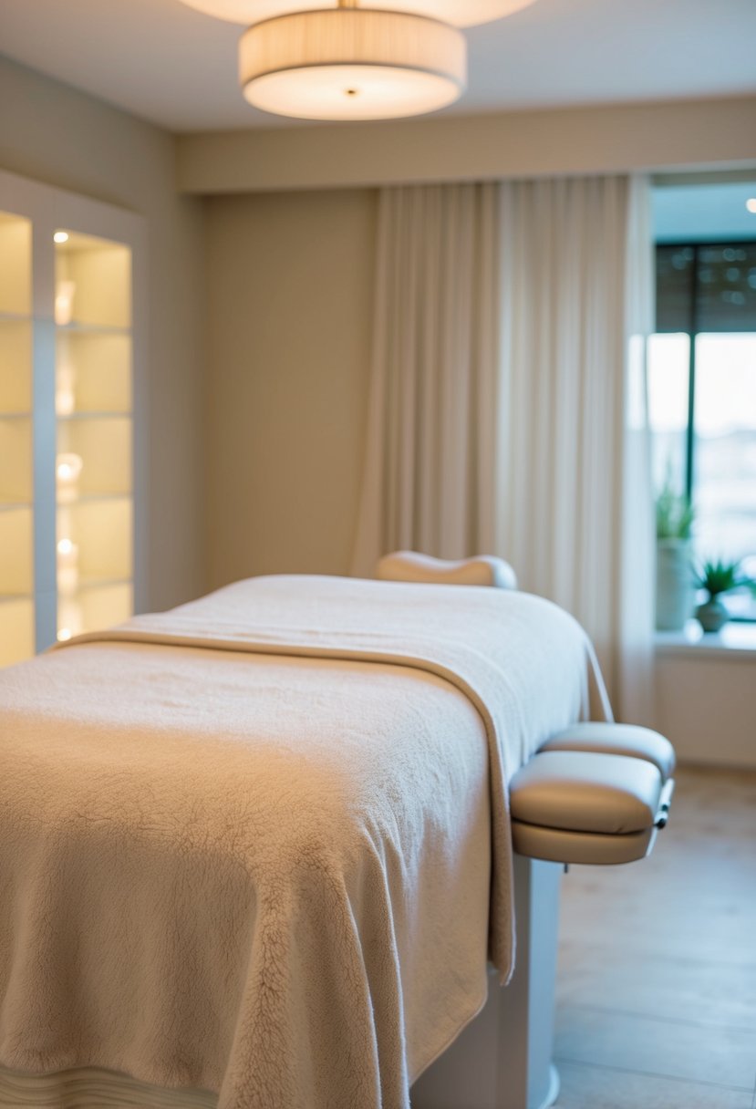 A serene spa room with a plush massage table, soft ambient lighting, and a tranquil atmosphere