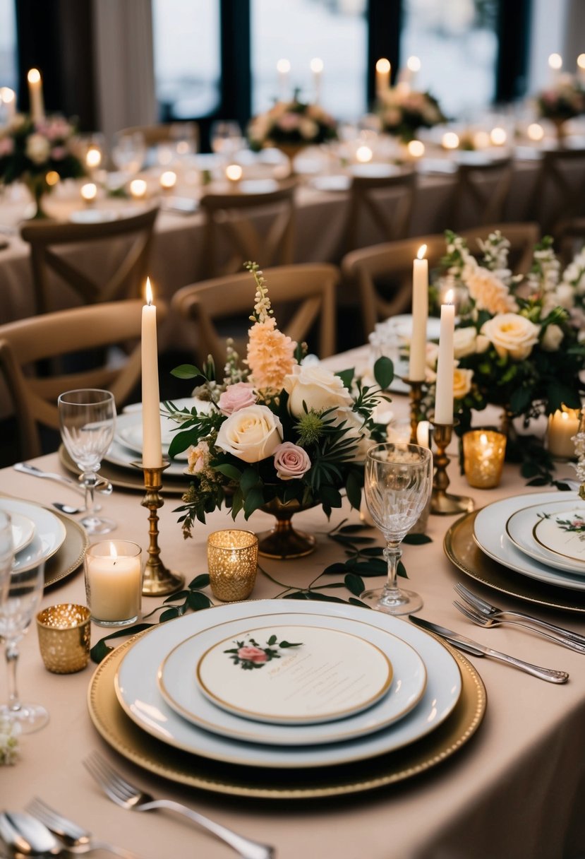 A beautifully set table with elegant dinnerware, candles, and a floral centerpiece. The theme is evident through decorative elements and possibly a special menu