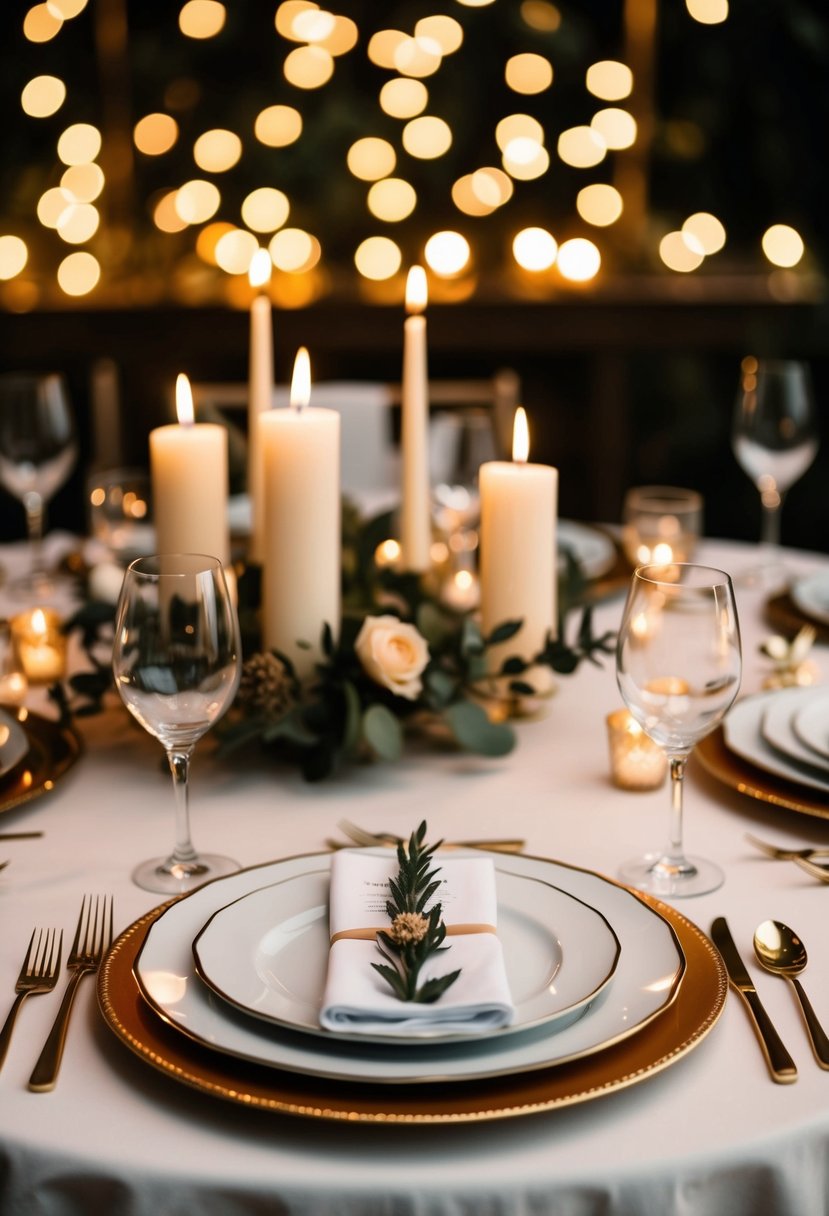 A candlelit table set with elegant dinnerware, surrounded by soft lighting and romantic decor