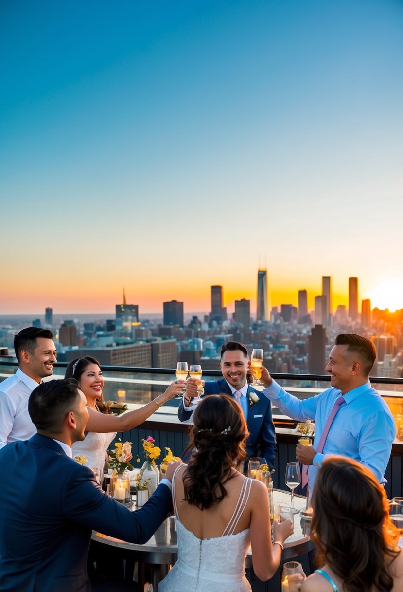 The sun dips below the horizon, casting a warm glow over the city skyline. The rooftop bar is filled with happy chatter as couples raise their glasses to celebrate their 36th wedding anniversary