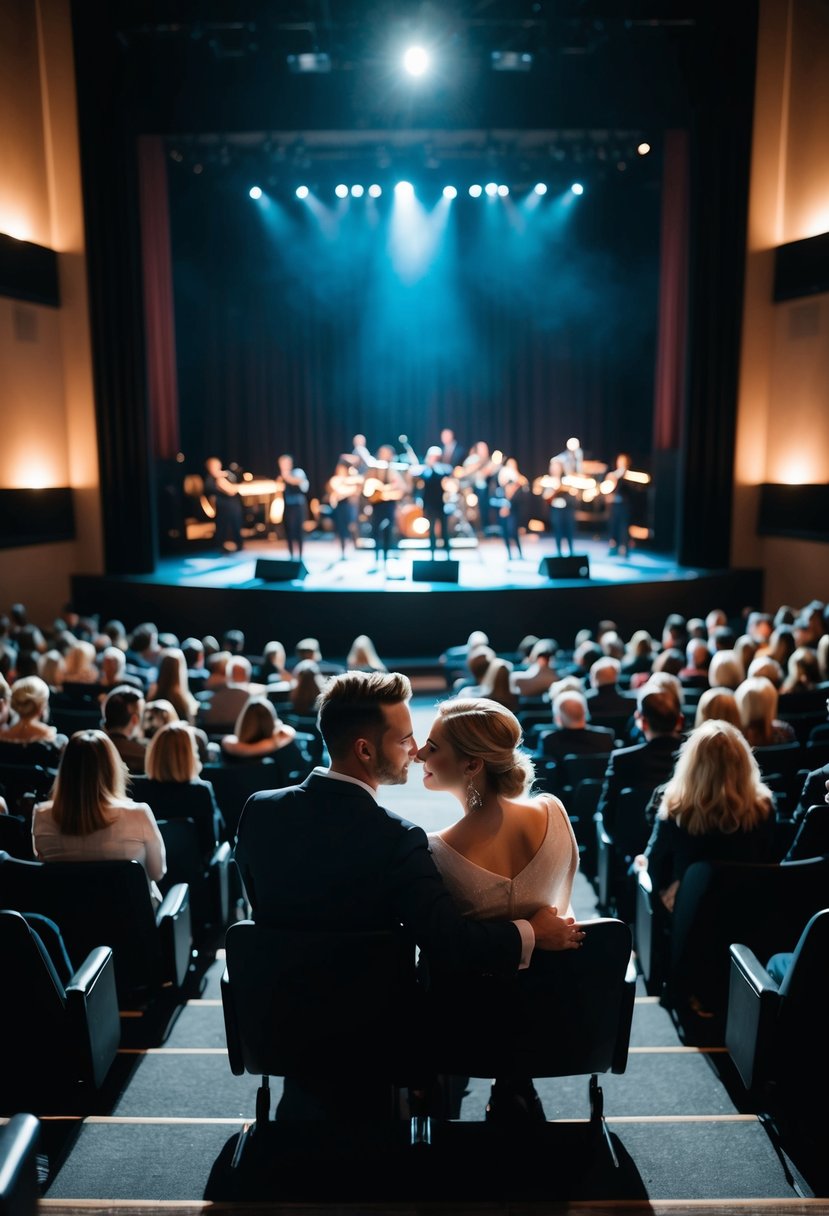 A couple sits in a dimly lit theater, surrounded by a hushed audience. The stage is illuminated, and performers are in the midst of a captivating live concert