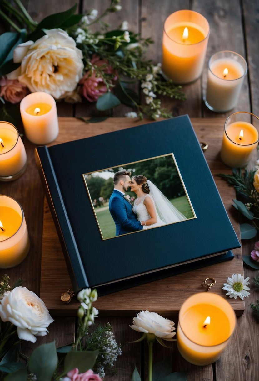 A couple's wedding photo album surrounded by flowers and candles on a wooden table