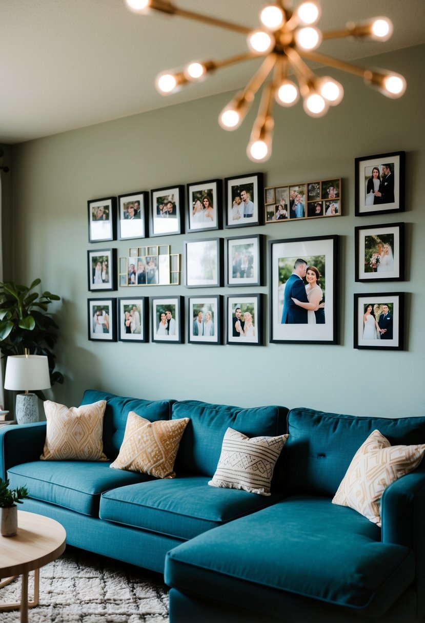 A cozy living room with a wall adorned with framed photos capturing special moments from the couple's 18 years of marriage