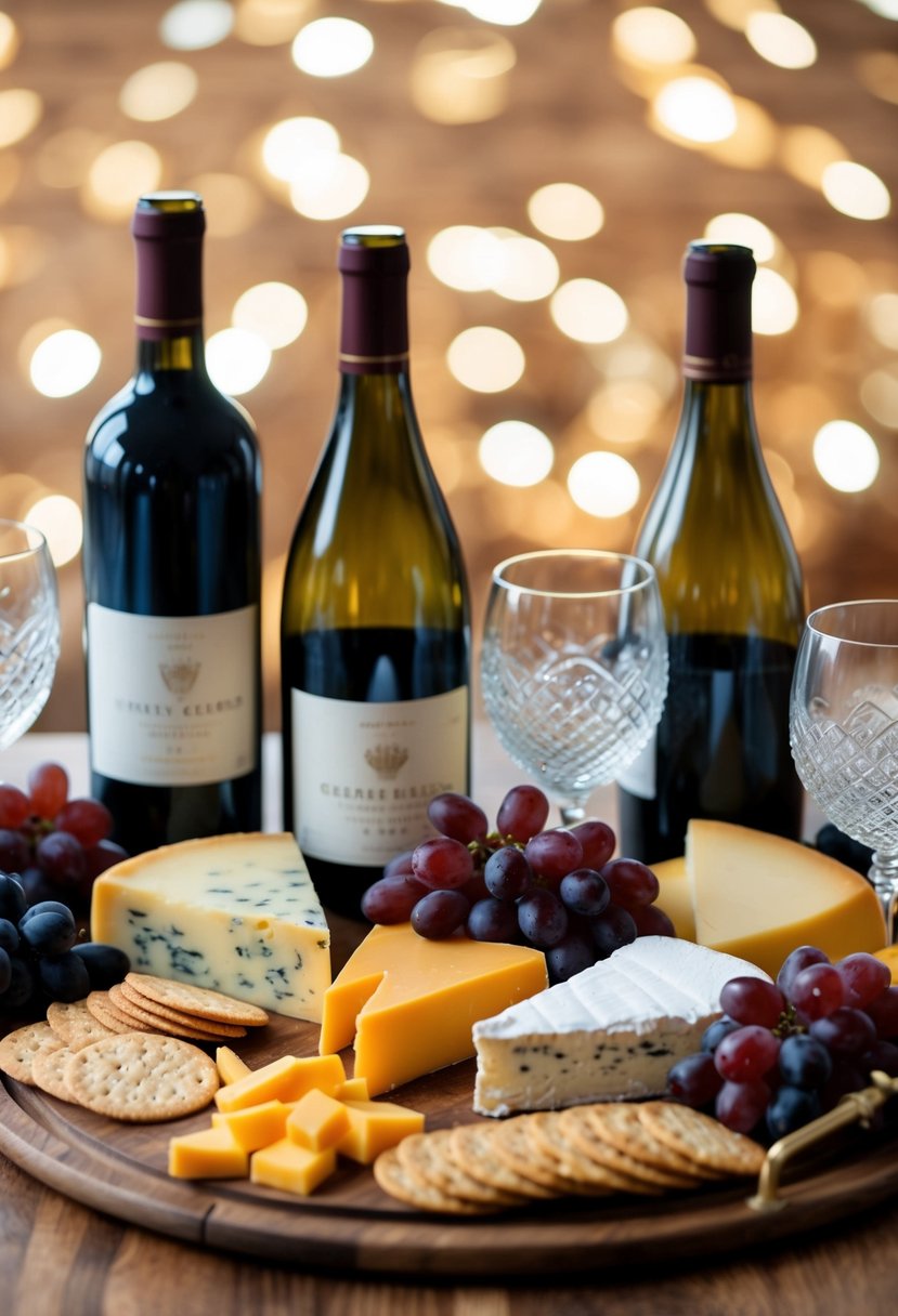 A table adorned with assorted cheeses, grapes, and crackers, accompanied by several bottles of wine and elegant glassware