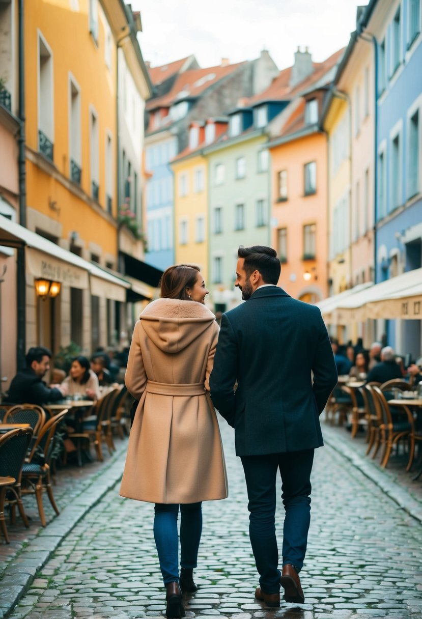 A couple strolling through a charming European city, passing by colorful buildings, cobblestone streets, and bustling cafes