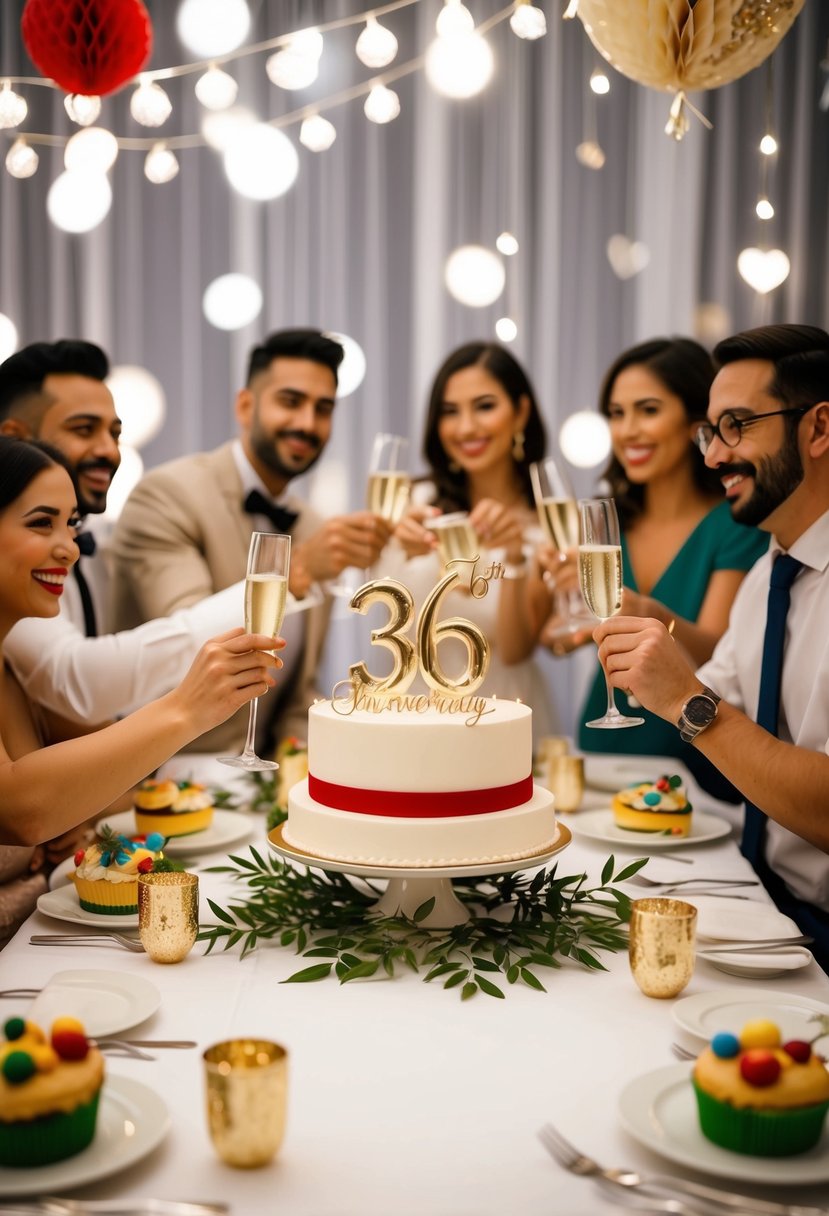 A festive gathering with decorations, cake, and champagne to celebrate a 36th wedding anniversary