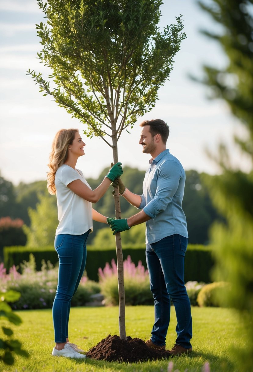 A couple planting a tree together in a serene garden setting