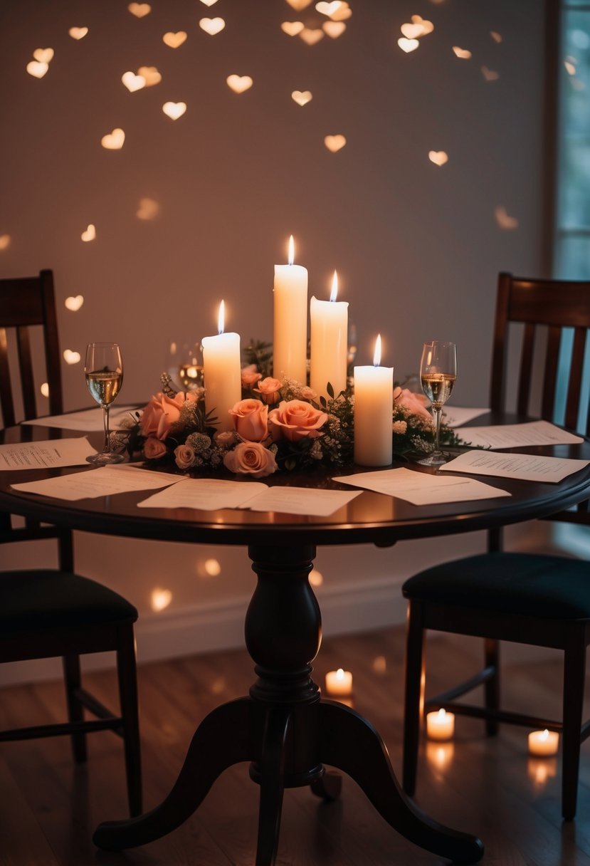 A candlelit table with two chairs, surrounded by flowers and scattered love letters