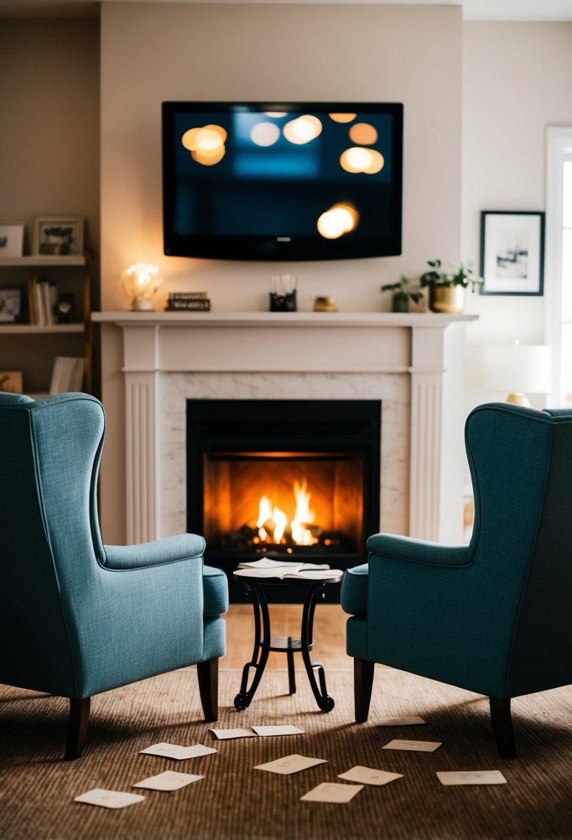 A cozy living room with two armchairs facing each other, a small table in between with scattered love letters, and a warm glow from the fireplace