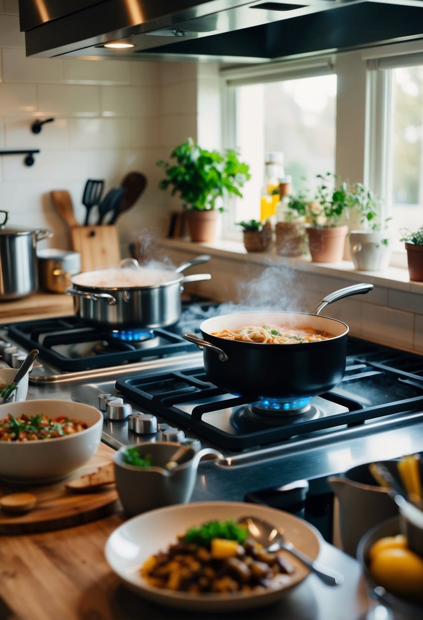 A cozy kitchen with two stovetops, each simmering a different dish. Ingredients and utensils scattered across the countertops