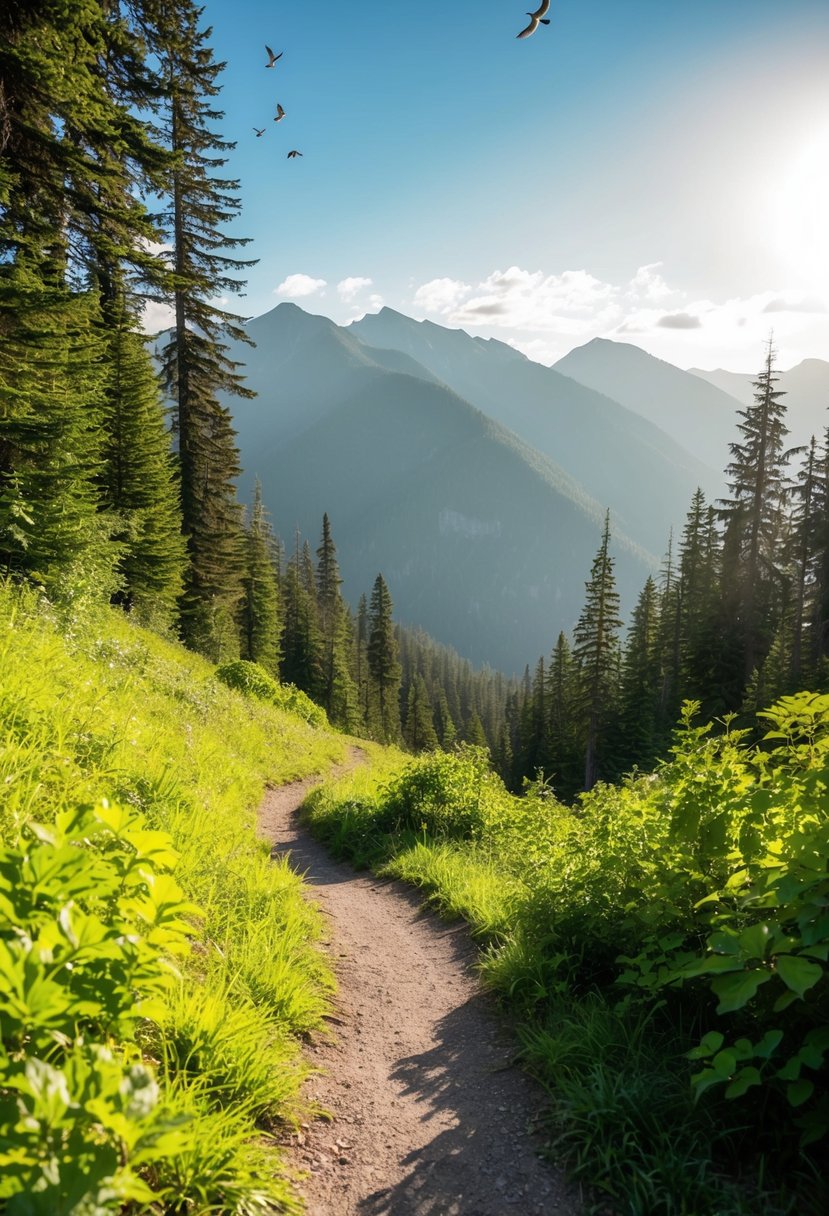 A winding trail leads through lush forest, with sunlight dappling the ground and birdsong filling the air. Tall mountains loom in the distance, promising breathtaking views