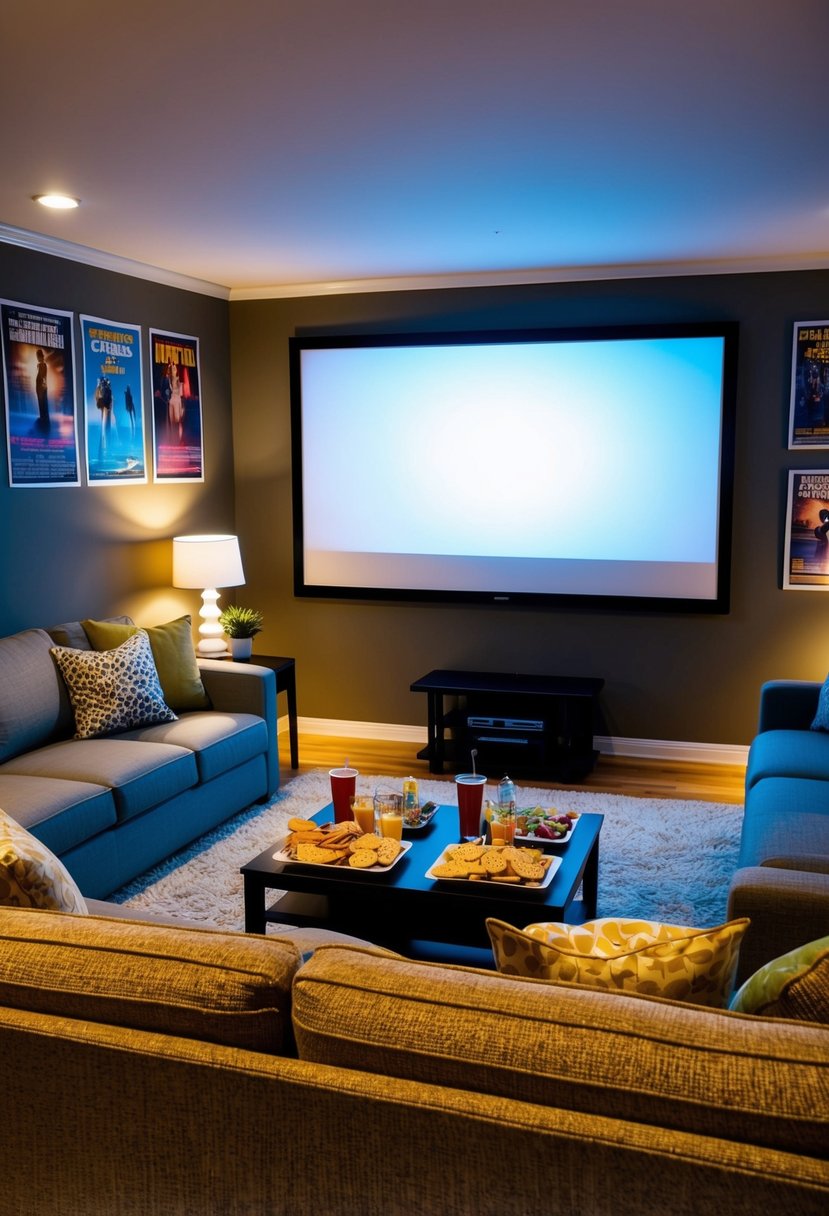 A cozy living room with a large screen and comfortable seating. Snacks and drinks are laid out on a table, with movie posters decorating the walls