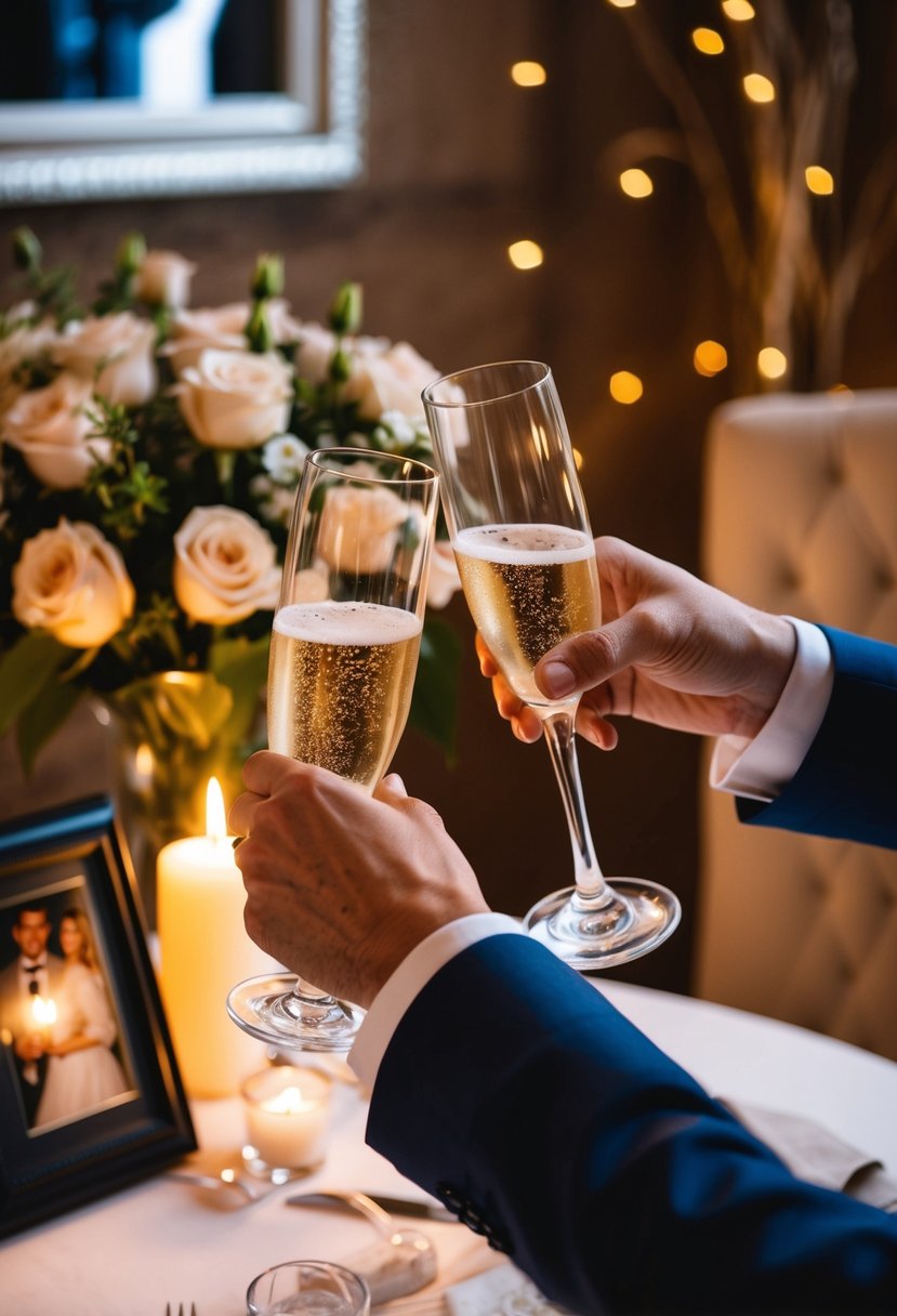 A couple's hands clinking champagne glasses in a candlelit setting with a bouquet of roses and a framed wedding photo