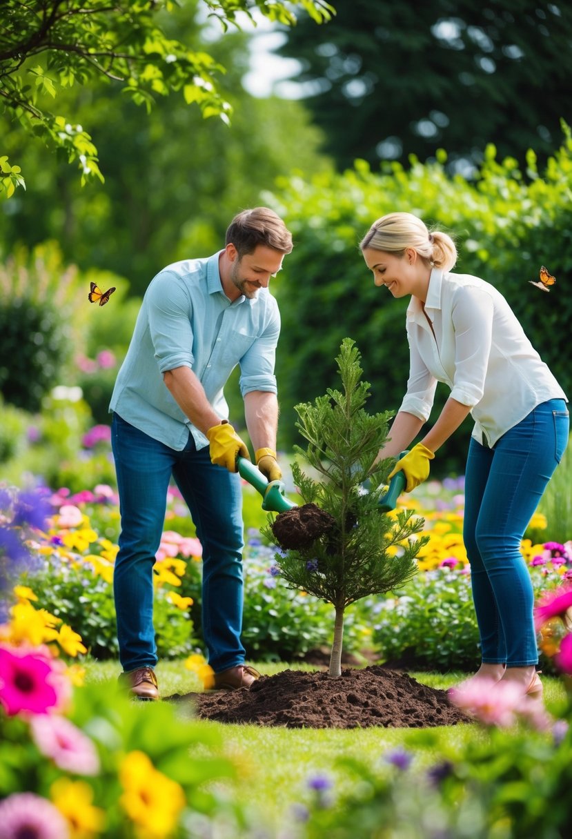 A couple planting a tree in a lush garden, surrounded by colorful flowers and butterflies