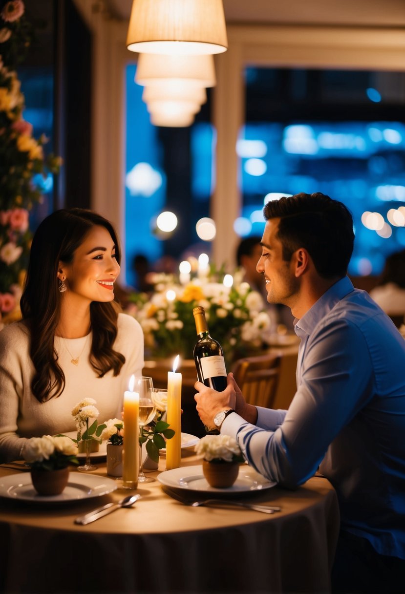 A couple sits at a candlelit table in a cozy restaurant, surrounded by flowers and soft lighting. They share a bottle of wine and gaze lovingly into each other's eyes