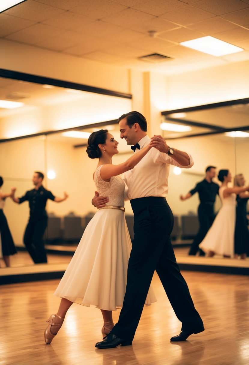 A couple gracefully waltzes across a mirrored dance studio, bathed in warm, romantic lighting, surrounded by the sound of soft music and the instructor's encouraging voice