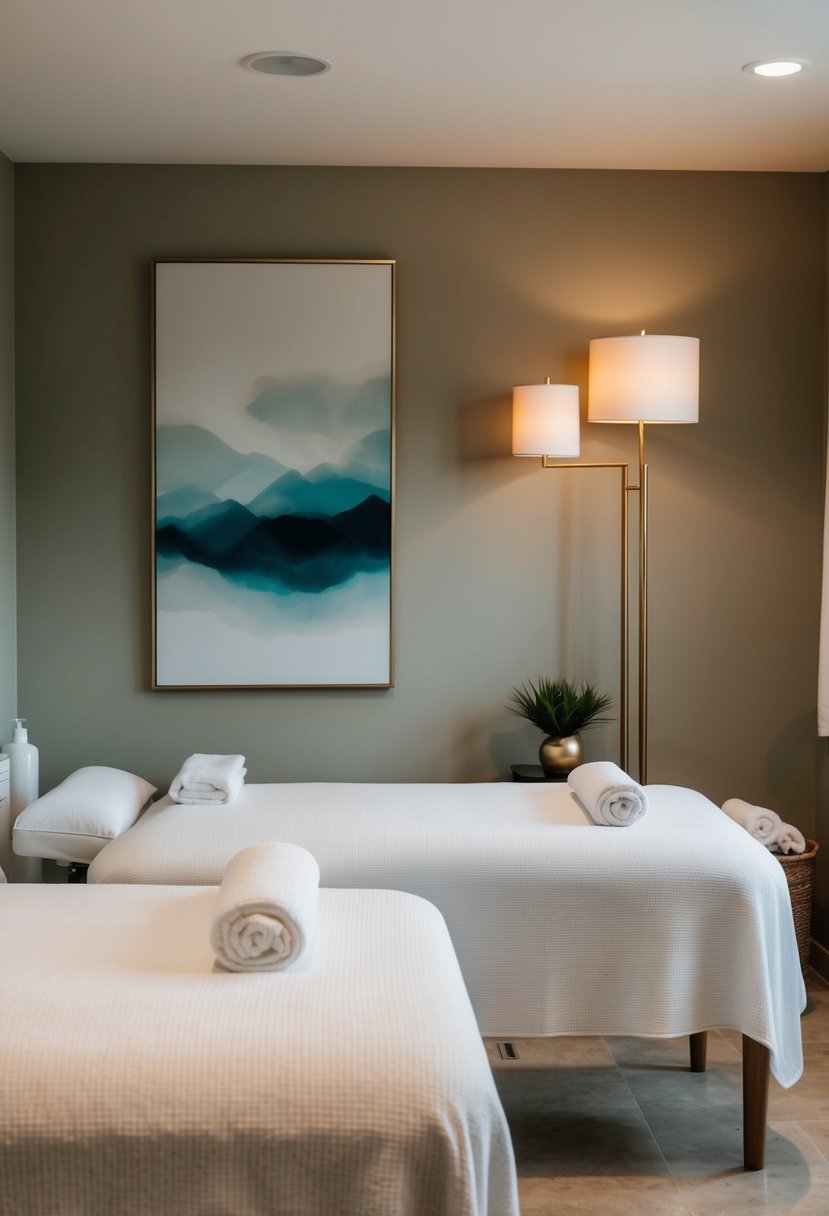 A serene spa room with two massage tables, soft lighting, and tranquil decor