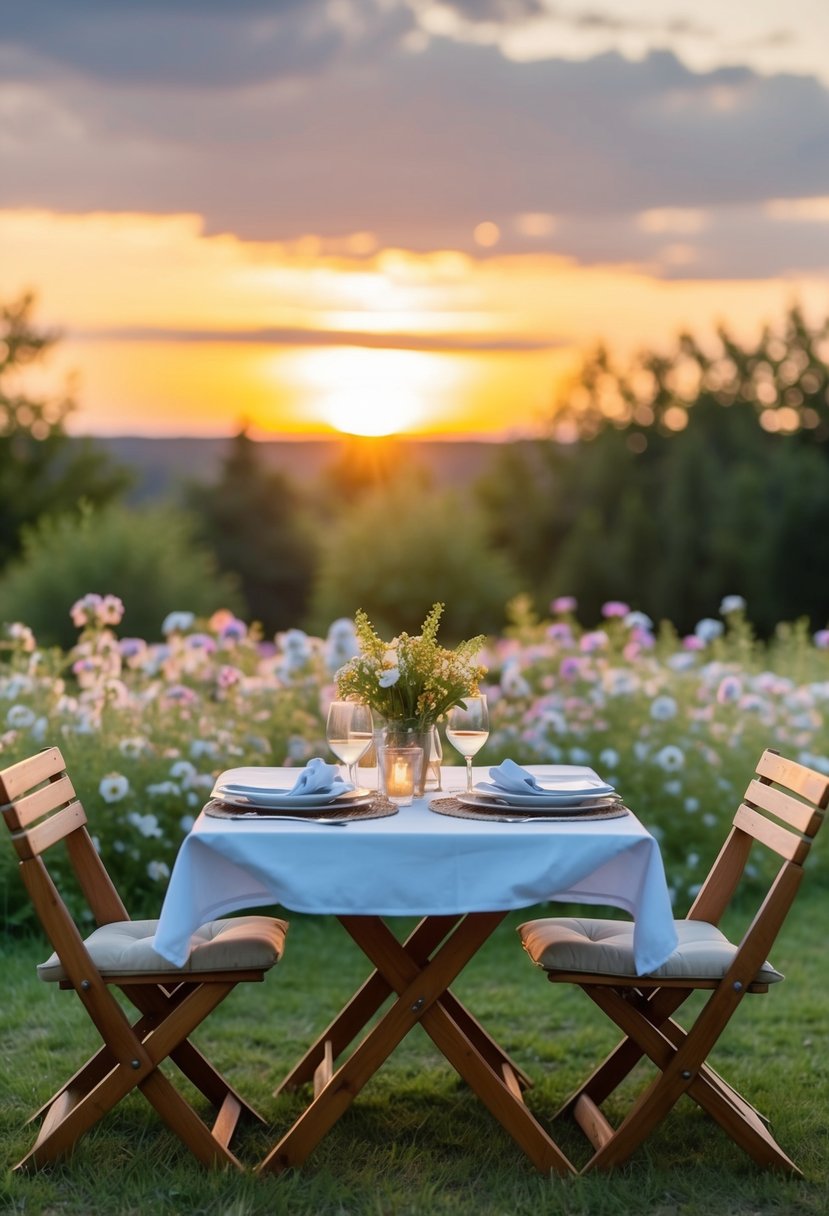 A romantic outdoor picnic with a table set for two, surrounded by blooming flowers and a beautiful sunset in the background