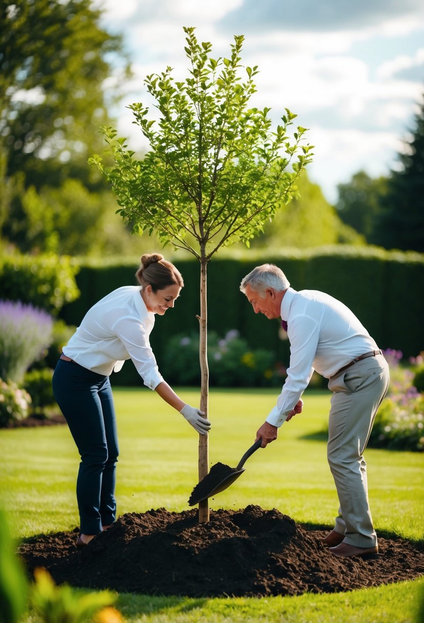 A couple planting a love tree in their garden to celebrate their 26th wedding anniversary