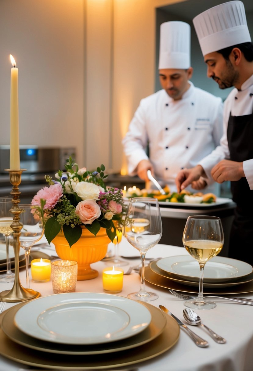 A candlelit table set for two, adorned with elegant dinnerware and a floral centerpiece. A private chef prepares a gourmet meal in the background