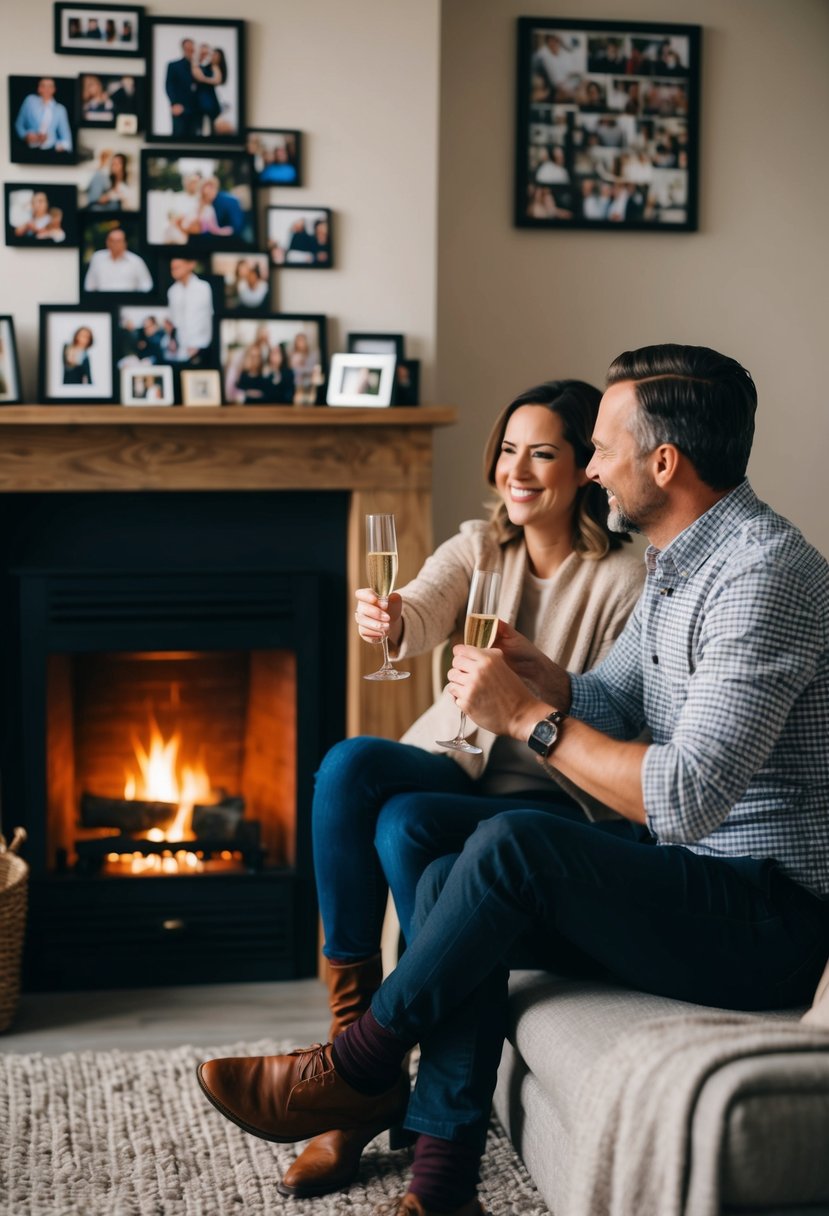 A couple sitting by a cozy fireplace, surrounded by photos and mementos from their 39 years together, toasting with champagne