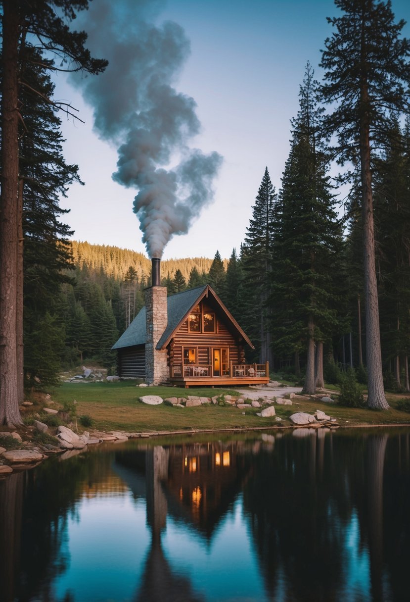 A rustic cabin nestled in the woods, smoke curling from the chimney, surrounded by tall trees and a serene lake