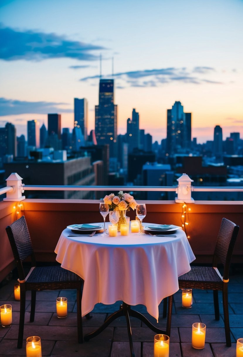 A rooftop adorned with candles, a table set for two with a view of the city skyline at sunset