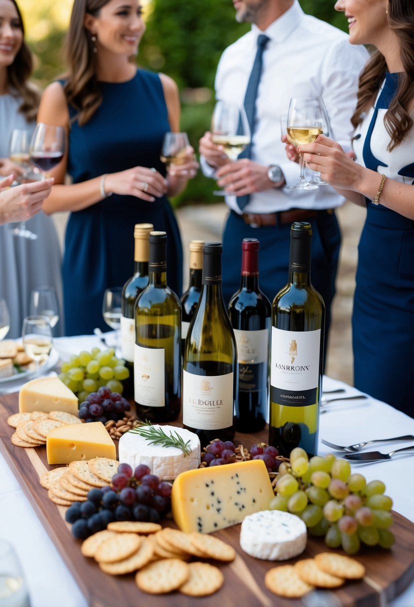 A table set with an array of cheese, crackers, and grapes, accompanied by various bottles of wine. A couple stands nearby, sampling the offerings and chatting with other guests